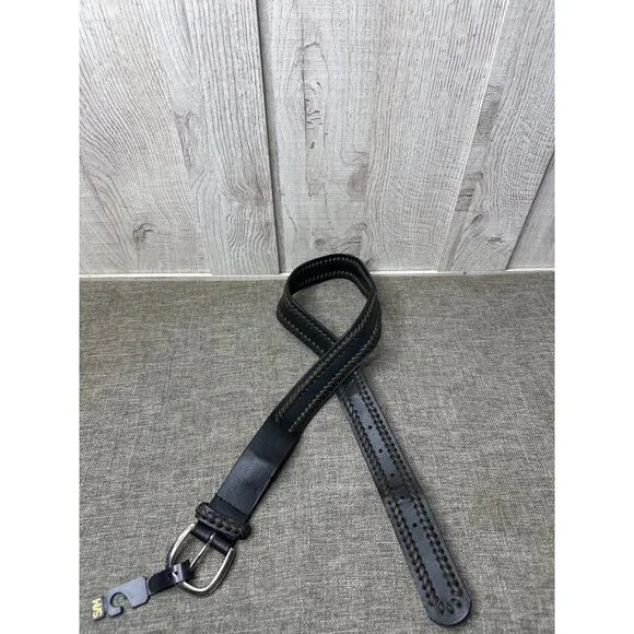 Mens Braided Black Faux Leather Belt Size S/M With Silver Buckle Dress Casual - Picture 1 of 6